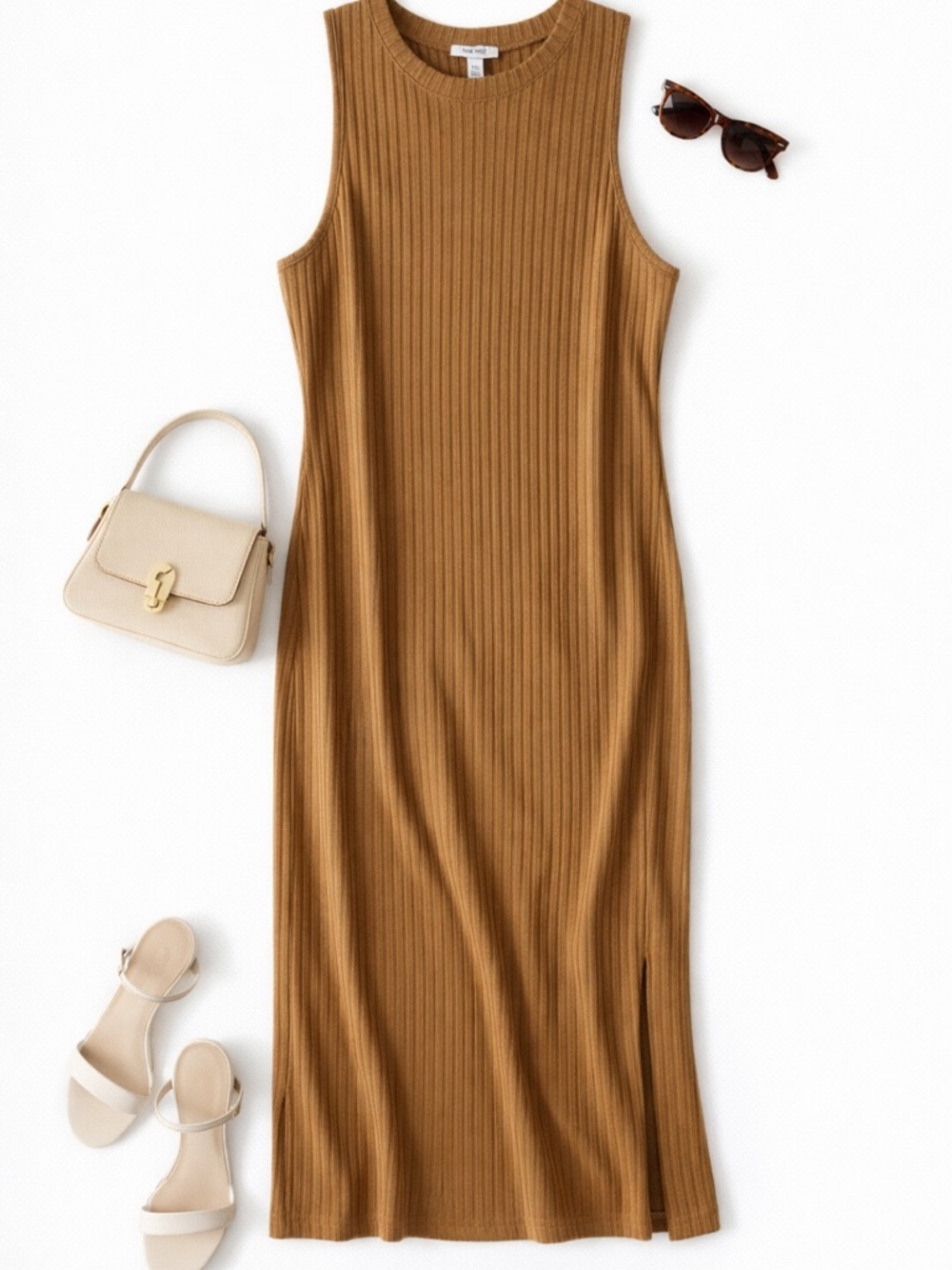 Nine West Ribbed Sleeveless Maxi Dress in Camel Brown